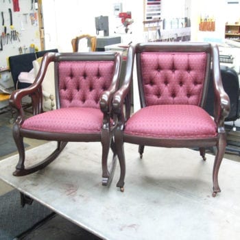 2 Chairs with Red Fabric - Brown Chairs Upholstered