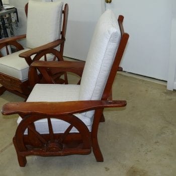 Antique furniture upholstery Baltimore MD. Alex Upholstery Shop rebuilt a 1950s wagon wheel chair and klik klak sofa bed set with new cushions. Free online estimate.