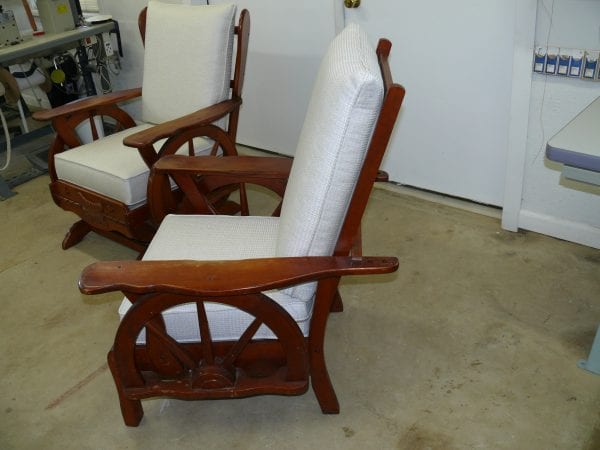 Antique furniture upholstery Baltimore MD. Alex Upholstery Shop rebuilt a 1950s wagon wheel chair and klik klak sofa bed set with new cushions. Free online estimate.