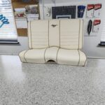 Reupholstery interior ford mustang 1966 with leather featuring cream leather bucket seats with brown piping and embroidered pony logos