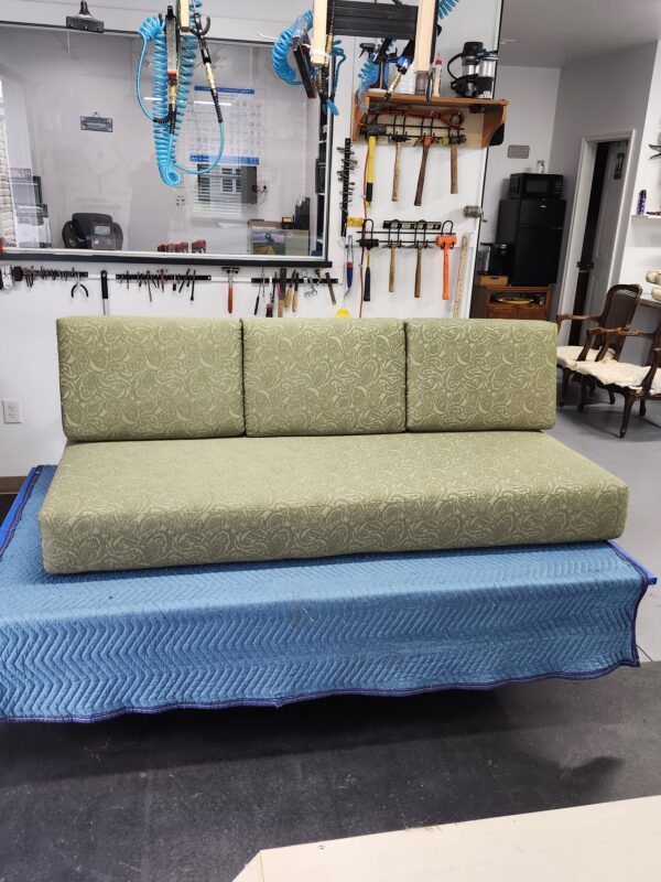 Mission style sofa upholstery Maryland Arts and Crafts settee cushions Frederick MD antique furniture cushion replacement MD