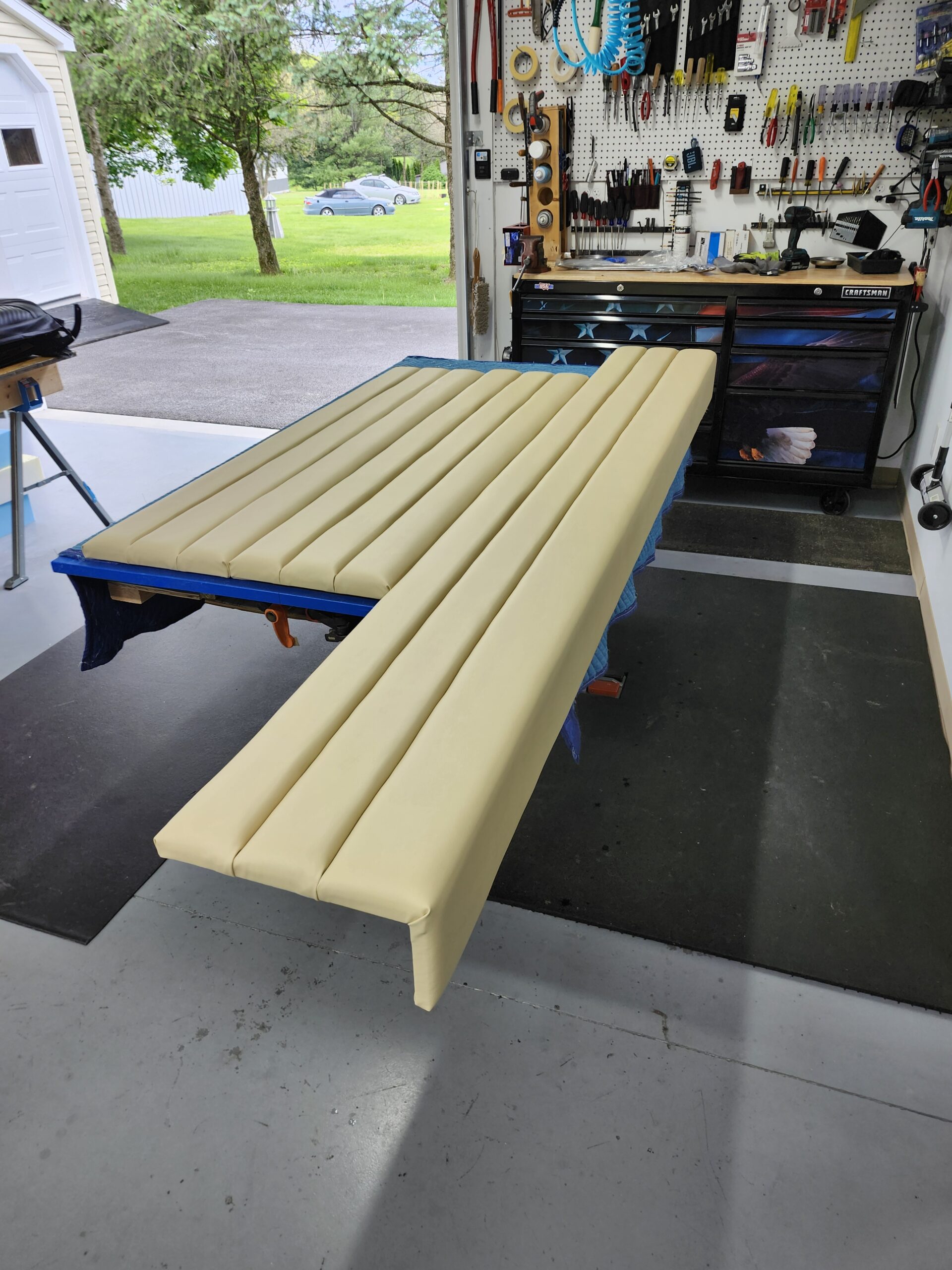 Foam applied to banquette frame upholstery process Chester County PA residential project