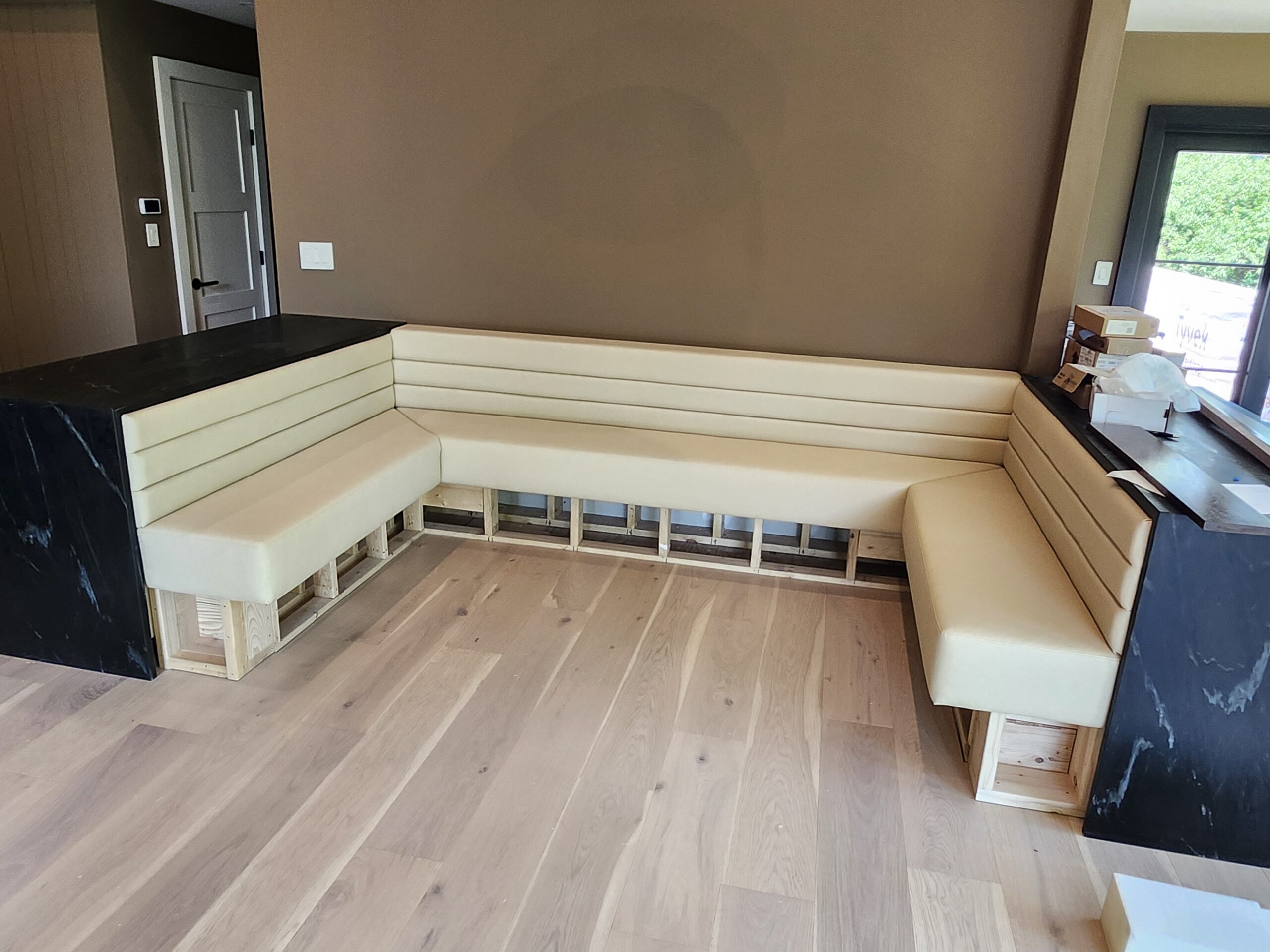 Built-in banquette corner detail custom upholstery Chester County PA