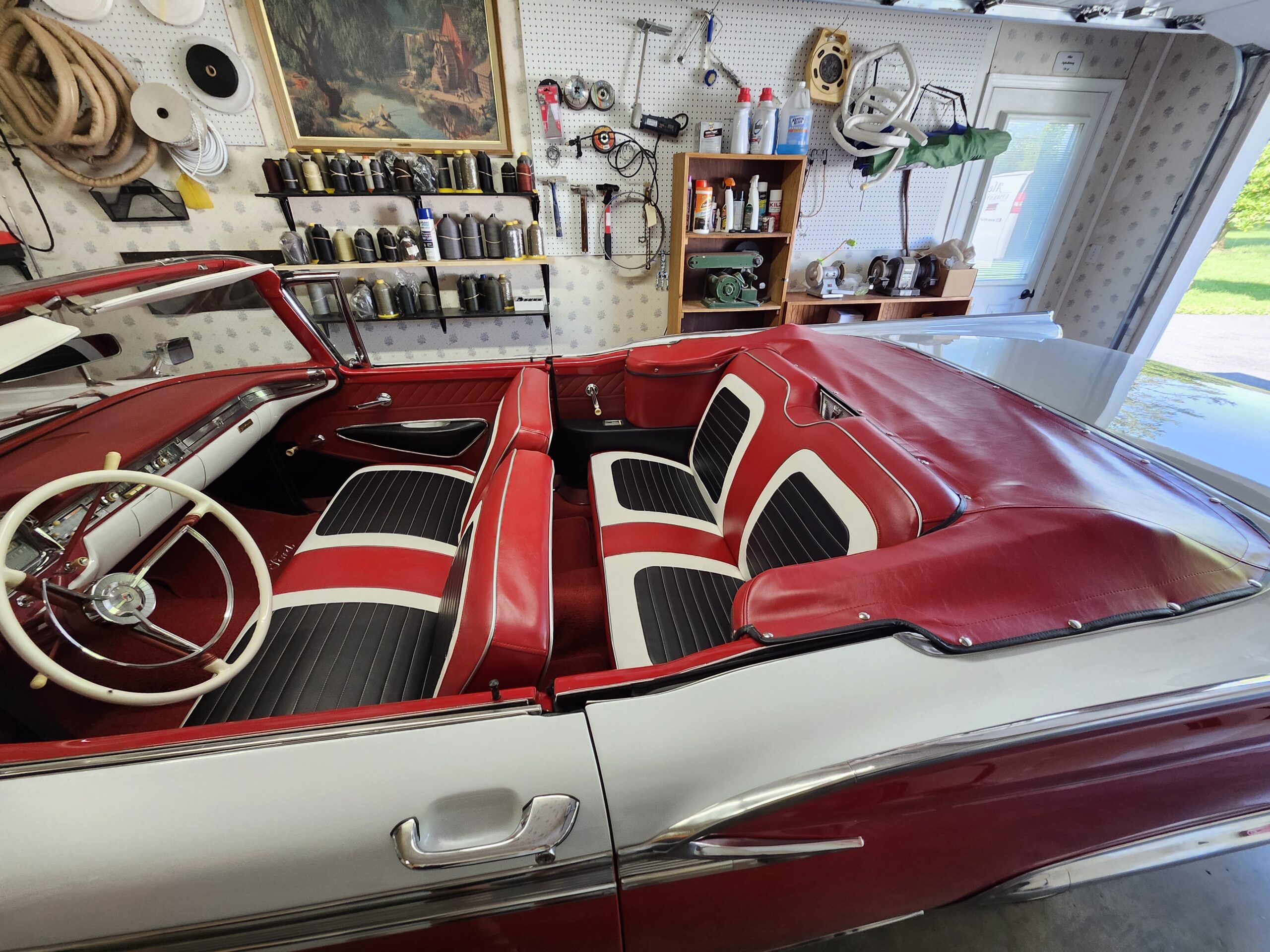 Period-correct red vinyl cut and fitted for 1959 Ford Fairlane restoration