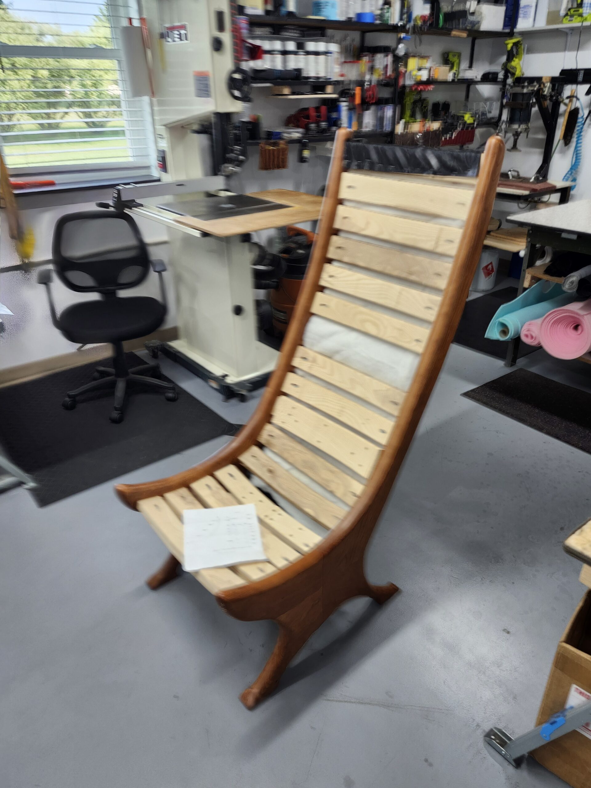 Custom leather chair upholstery Philadelphia PA project: bare sculpted bentwood high-back chair frame with fresh wooden slats before padding at Alex Upholstery Shop